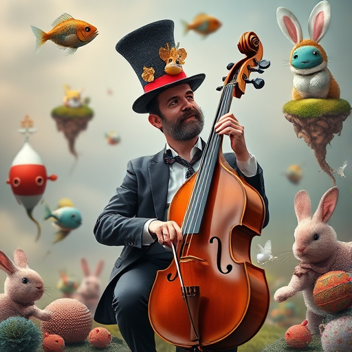 A whimsical scene of a musician in a top hat playing a large stringed instrument, surrounded by surreal elements like fish, rabbits, and floating islands, captured with a Canon EOS R5, 35mm lens, f/1.8, ISO 100, vibrant colors and high contrast, soft focus background.