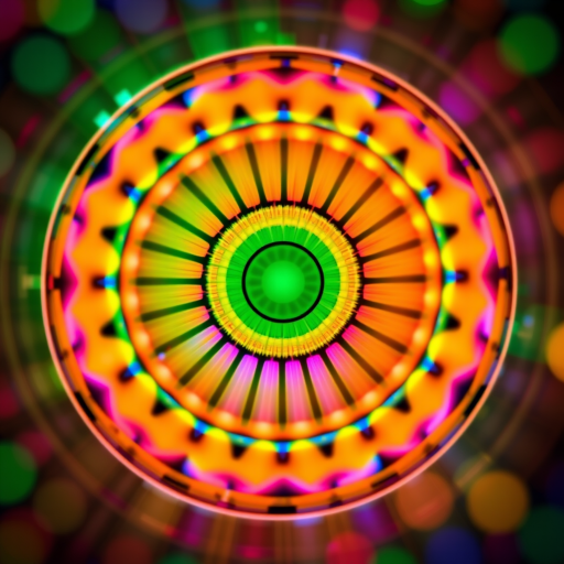 Create a vibrant abstract circular design with a green center, using a Canon EOS R5, 50mm lens, f/1.8 aperture, ISO 100, and a bright, colorful bokeh background to enhance the image quality.