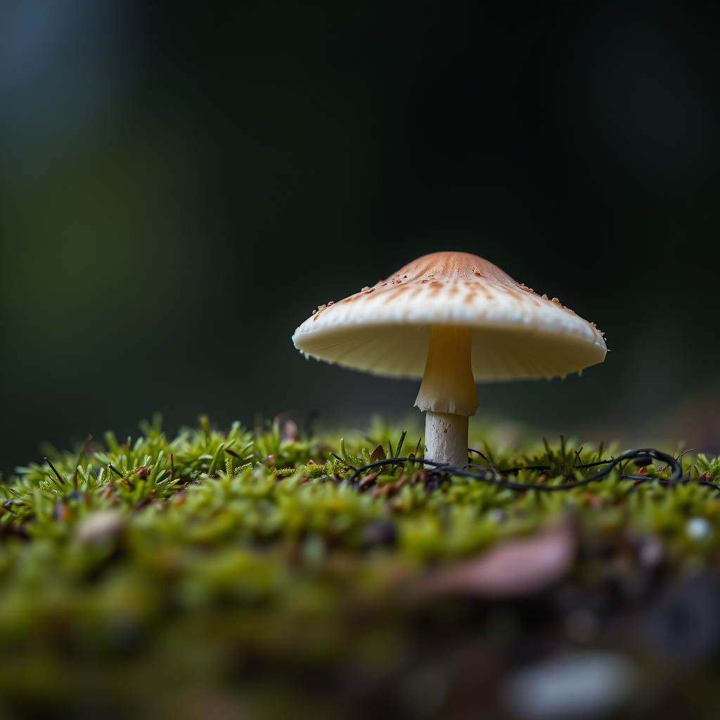 Mushroom on mossy ground with dark background, macro lens, f/2.8 aperture, 100mm focal length, ISO 200, soft natural lighting, shallow depth of field, DSLR camera.