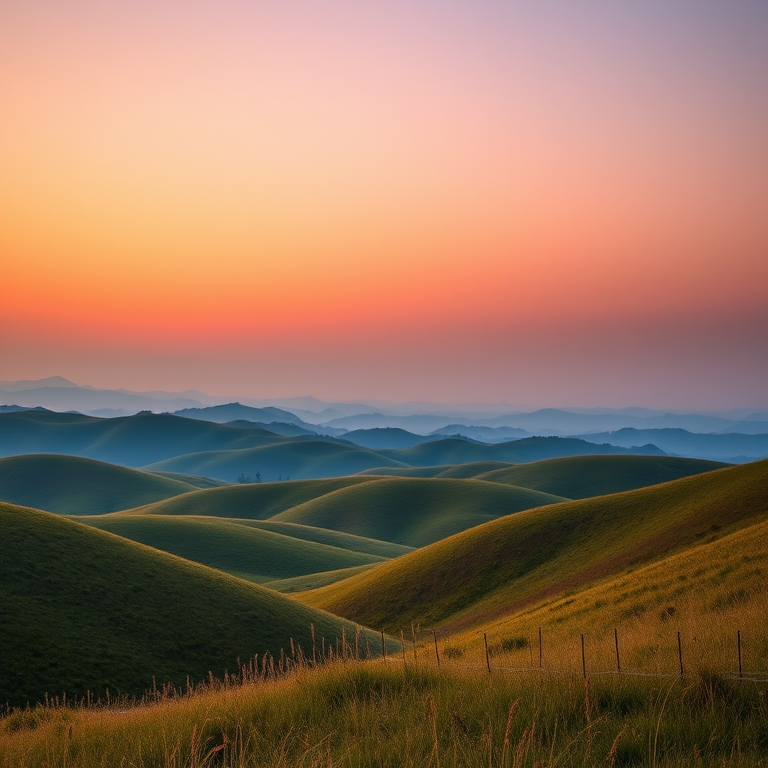 Create a high-resolution image of a serene landscape featuring rolling hills and a clear sky at sunset, captured with a Canon EOS 5D Mark IV, 24mm lens, f/8 aperture, ISO 100, with a wide-angle view and vibrant color saturation.