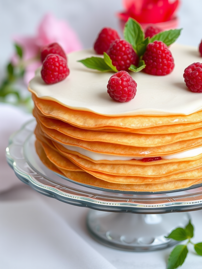 A beautifully layered cake with thin pastry sheets and creamy filling, elegantly presented on a glass cake stand, topped with fresh raspberries and delicate green leaves, with a soft background featuring a hint of flowers.