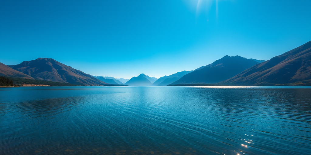 Generate a high-resolution image of a serene landscape featuring a calm lake surrounded by mountains under a clear blue sky, using a DSLR camera with an aperture of f/8, ISO 100, and a shutter speed of 1/250 sec, shot from a slightly elevated perspective for depth.