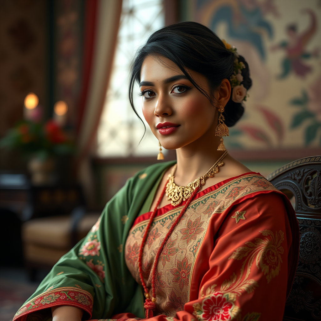 A beautiful Bangladeshi woman in traditional East Asian attire, intricately detailed with embroidered patterns, sitting gracefully in a richly decorated room, soft ambient lighting, serene and elegant, ultra-realistic, 8K resolution