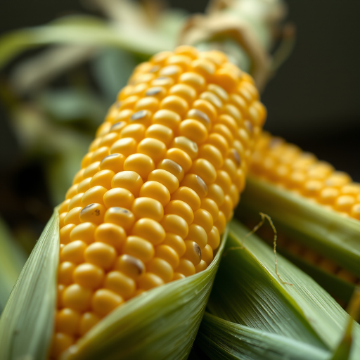 high-resolution close-up of fresh corn on the cob with husks, natural light, f/2.8 aperture, 50mm lens, ISO 100, shallow depth of field, studio lighting, DSLR camera