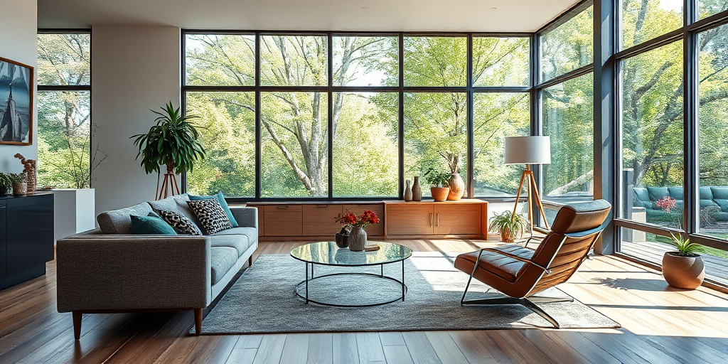 Create a high-resolution image of a modern living room featuring a gray sofa, stylish armchair, and large windows with greenery visible outside, captured with a Canon EOS R5 at f/2.8 aperture, 24mm focal length, ISO 100, using natural lighting and a wide-angle perspective to enhance the spacious feel.