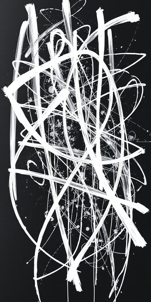 create an abstract black and white artwork featuring chaotic, overlapping scribbles and lines on a dark background