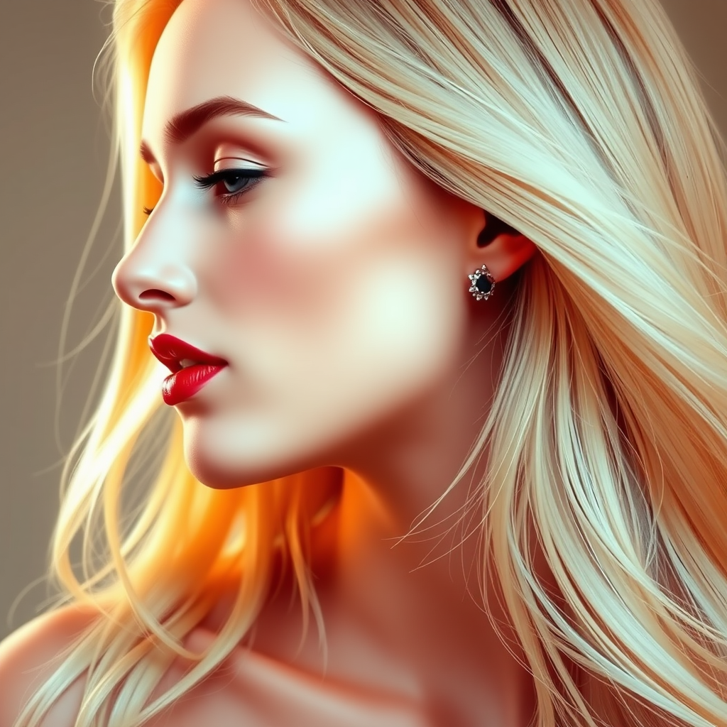 Create a high-quality vector illustration of a woman's profile with long, flowing blonde hair and red lips, using a Canon EOS R5 camera with a 50mm lens at f/1.8, ISO 100, and 1/200s shutter speed, captured in soft natural lighting for smooth gradients and clear details.