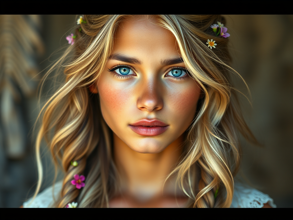 Create an image of a young Indian woman with long, wavy blonde hair, adorned with small, colorful flowers woven into her braids and loose strands. Her complexion is fair, with soft, glowing skin, and she has light blue eyes that gaze softly at the viewer. She wears a light, flowing dress with a gentle, ethereal quality, complementing her delicate and serene appearance. The background is slightly blurred, drawing focus to her tranquil expression and the intricate details of the flowers in her hair. The overall mood of the image is one of natural beauty and grace, evoking a sense of peacefulness and connection with nature.