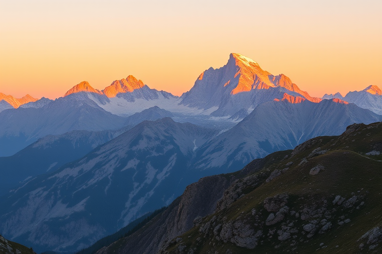 Generate a high-resolution image of a serene mountain landscape at sunrise with soft golden light illuminating the peaks, using a Canon EOS R5, f/8 aperture, 1/1000 shutter speed, ISO 100, captured from a wide-angle view, in landscape orientation, with a focus on vibrant colors and clarity.