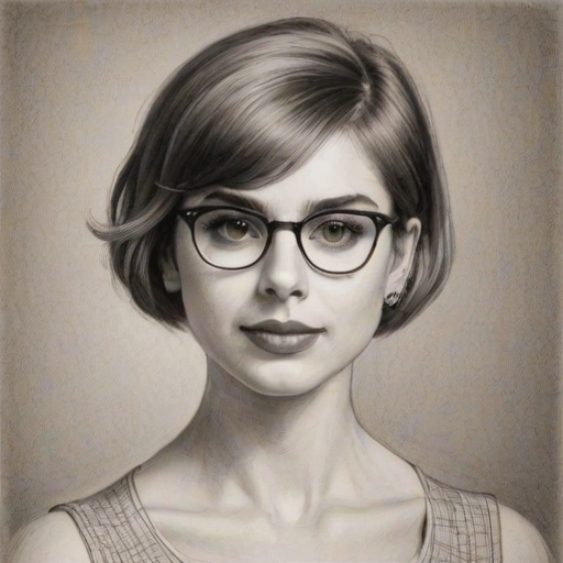 Enchanting Sami Gayle, pencil sketch, portrait of Comely woman 1932s in glasses, hair style beatnik, outline, clear lines, fine lines, 8k