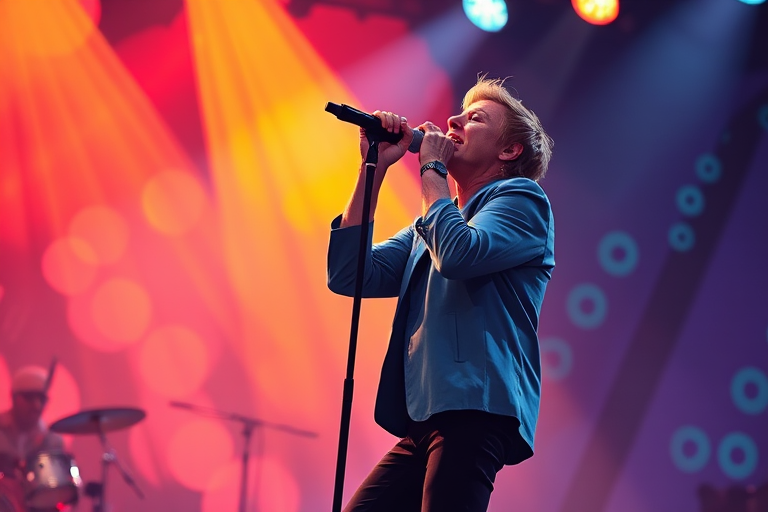 Create an illustration of a singer performing on stage, capturing dynamic movement and emotion, with a colorful abstract background; use a Canon EOS R5, 50mm lens, f/1.8 aperture, ISO 100, shot in portrait orientation with natural lighting for high contrast and vivid colors.