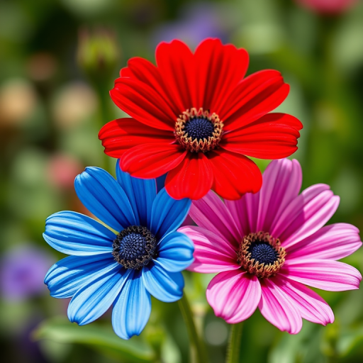 regenerate a vibrant illustration of three flowers in red, blue, and pink with distinct round centers, using a digital art style, high resolution 300 DPI, macro lens settings, focus on flower details, bright daylight for enhanced colors.