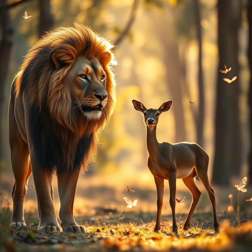 a majestic lion and a curious deer standing in a sunlit forest clearing, surrounded by shimmering butterflies and golden light filtering through the trees, shot with a Canon EOS R5, 50mm lens, f/1.8, ISO 100, soft focus background for depth, using natural light for a warm and ethereal atmosphere