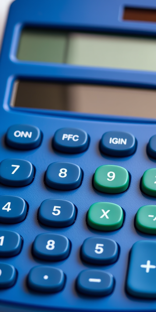 generate a high-resolution image of a blue calculator with green buttons, viewed from a slightly elevated angle, using a DSLR camera with f/2.8 aperture, 50mm lens, ISO 100, and natural lighting for enhanced clarity and detail.