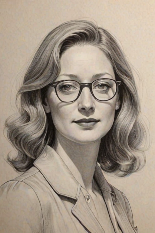 Appealing Judy Greer, pencil sketch, portrait of Beauteous woman 1930s in glasses, hair style beatnik, outline, clear lines, fine lines, 8k