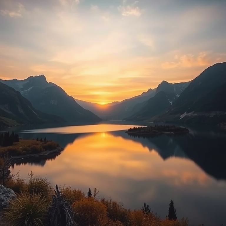 Create a high-resolution image of a serene landscape featuring a calm lake surrounded by mountains during sunset, captured with a DSLR camera at f/8 aperture, 1/125 second shutter speed, ISO 200, 24mm lens, wide-angle view, using natural lighting to enhance colors and details.