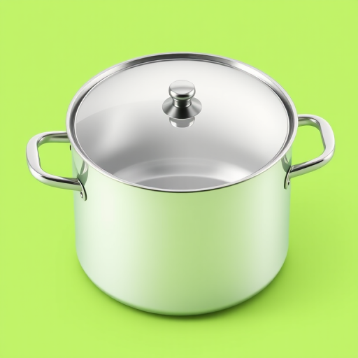 Generate a high-quality digital illustration of a stainless steel cooking pot with a shiny surface and a lid, set against a bright green background, using an isometric view, with 4K resolution, soft lighting, and a sharp focus typical of a DSLR camera with a 50mm lens at f/2.8 aperture.