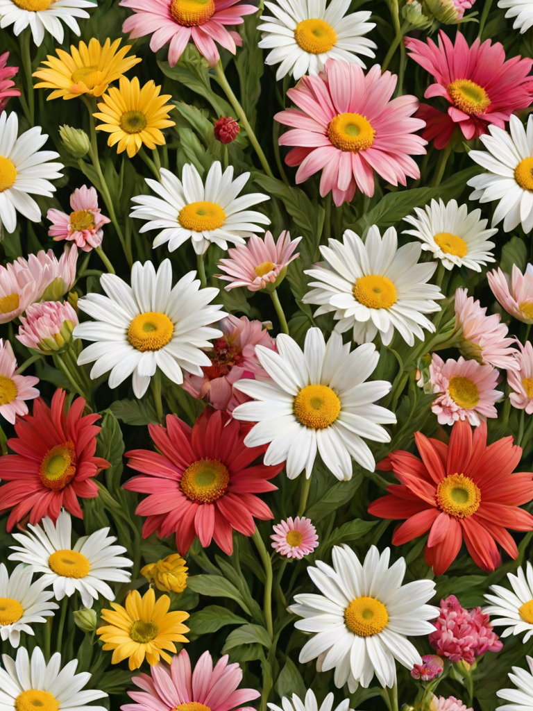 a bouquet of colorful, stylized flowers including white daisies, yellow blossoms, pink and red blooms, with green leaves on a plain white background