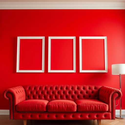 interior design of a modern room with a red tufted sofa against a vibrant red wall, three empty white frames above the sofa, low angle view, aperture f/2.8, shutter speed 1/60s, ISO 200, DSLR camera