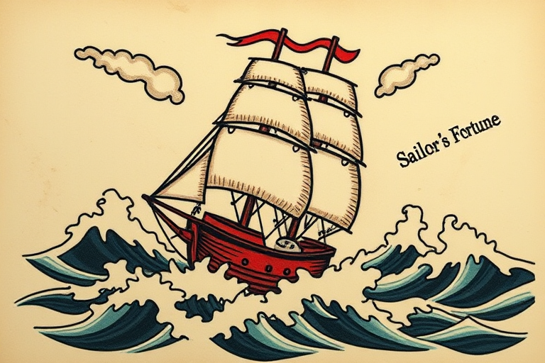Old school traditional tattoo named "Sailor's Fortune" depicting a ship in stormy seas with bold outlines, limited color palette, and classic maritime imagery