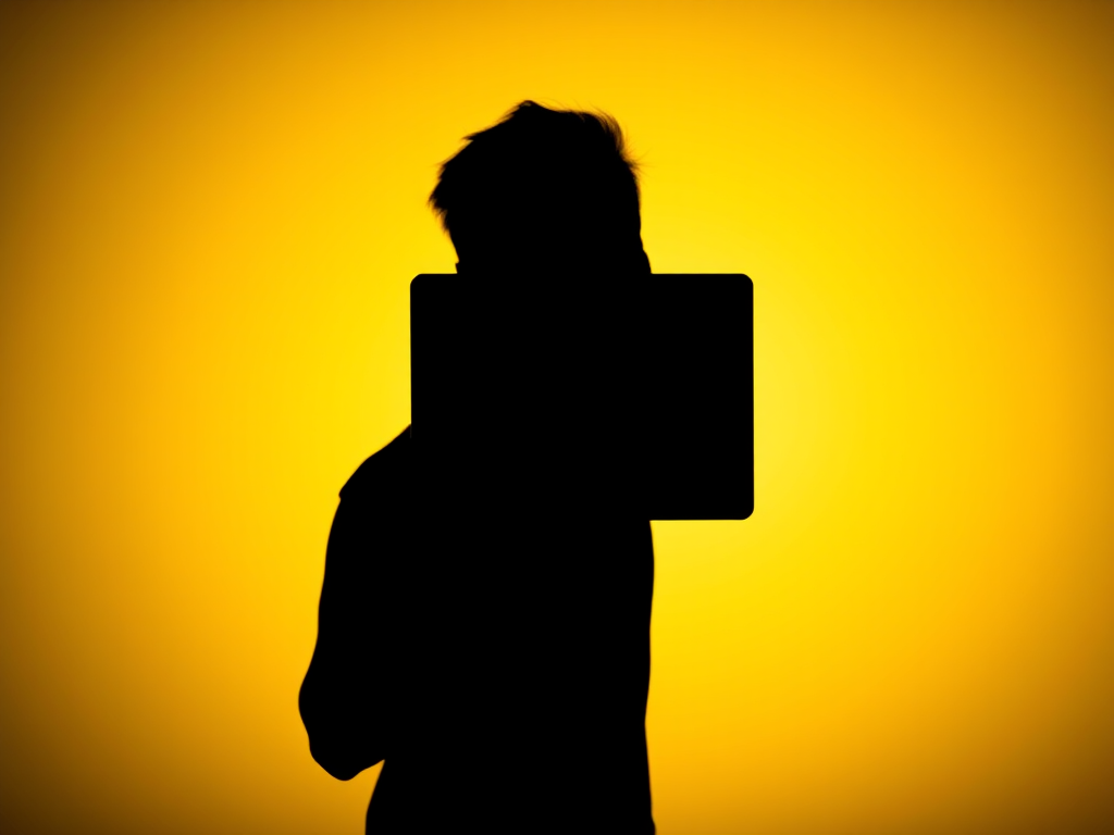 Create an image of a silhouette of a person holding a warning sign in front of a gradient yellow background, using a Canon EOS 5D Mark IV camera, 50mm lens, aperture f/2.8, ISO 100, and a shallow depth of field for enhanced focus on the subject.