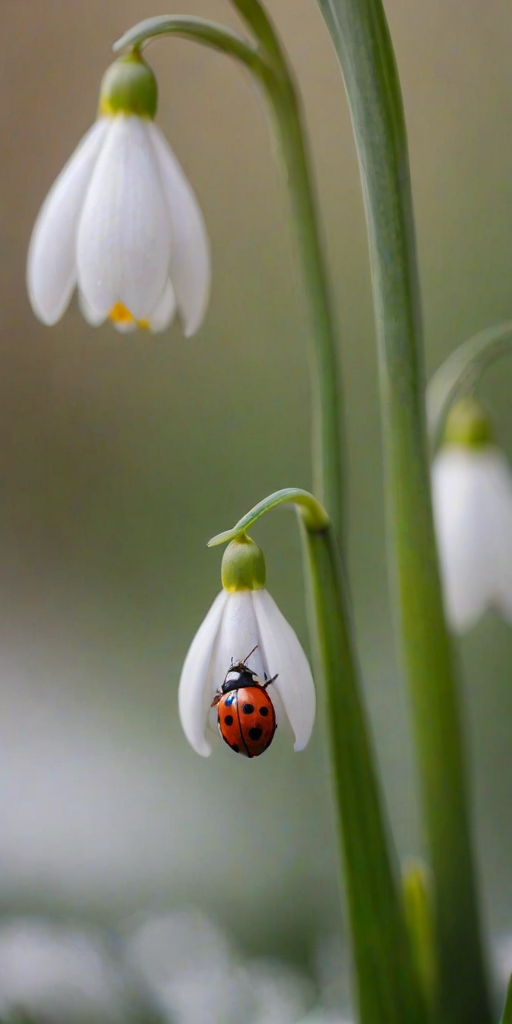 a close-up of a snowdrop flower with a ladybug sitting on one of the petals, soft-focus background, natural light