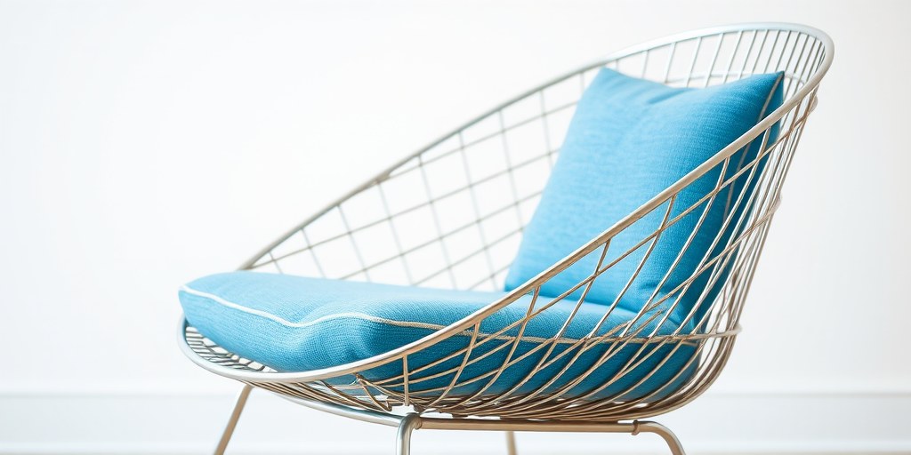 Create a high-resolution image of a modern metallic chair with a soft blue cushion, using a DSLR camera with a 50mm lens, f/1.8 aperture, ISO 100, and a shallow depth of field, in a bright, well-lit setting.