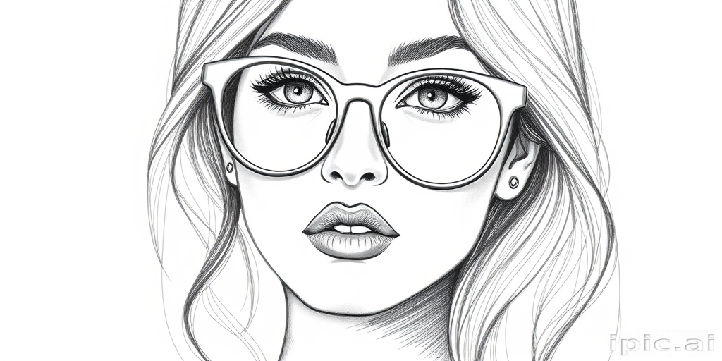 hot mia khalifa, pencil sketch, portrait of beautiful woman 60s in glasses, hair style beatnik, outline, clear lines, fine lines, 8k