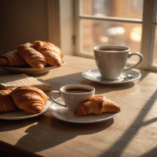 Warmly lit image of a cozy cafeat dawn, soft sunlight streaming through the windows, a cup of coffee and a croissant on the table, soft shadows cast on the floor, and the smell of freshly brewed coffee and pastries in the air.
