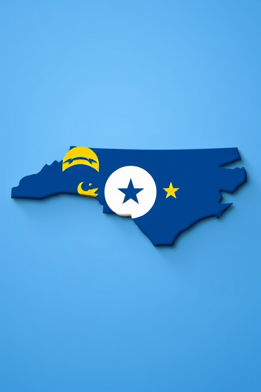 Design an image of the state of North Carolina with a vibrant color scheme that features the state flag, using a high-resolution DSLR camera with a 50mm lens, f/1.8 aperture, ISO 100, shot from a top-down perspective to enhance detail and clarity.