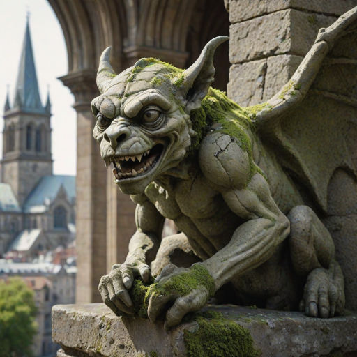 create an ultra-realistic and very detailed photograph of a very old stone gargoyle in a cathedral. the stone is a little worn, with some broken parts. cracks. moss. the background is a blurred image of the city. It includes shadows and contrasts to make the image more realistic