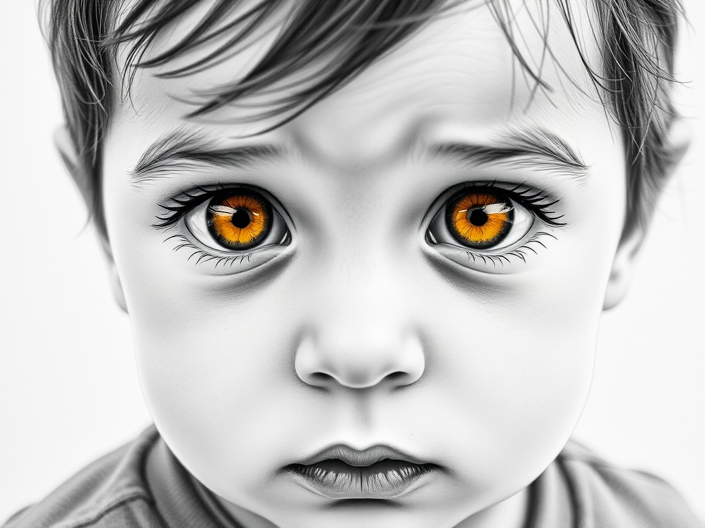 A hyperdetailed photorealistic black and white sketch of a beautiful toddler with deep Yellow eyes, with a macro focus