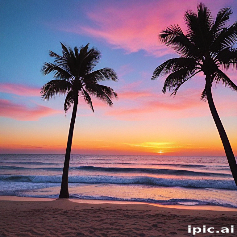 Beautiful Sunset Over the Ocean with Silhouetted Palm Trees at Dusk