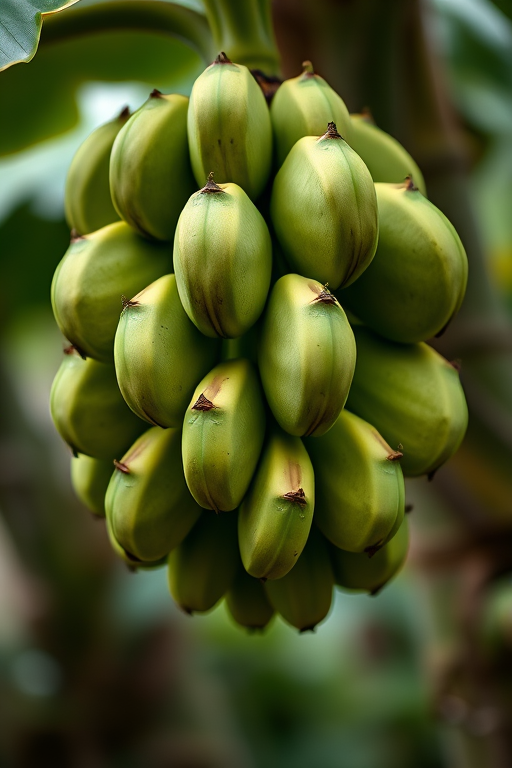 Close-up of a bunch of green bananas hanging from a plant, with a blurred background, using a DSLR camera with a 50mm lens, aperture f/2.8, ISO 100, shutter speed 1/200s, natural light.