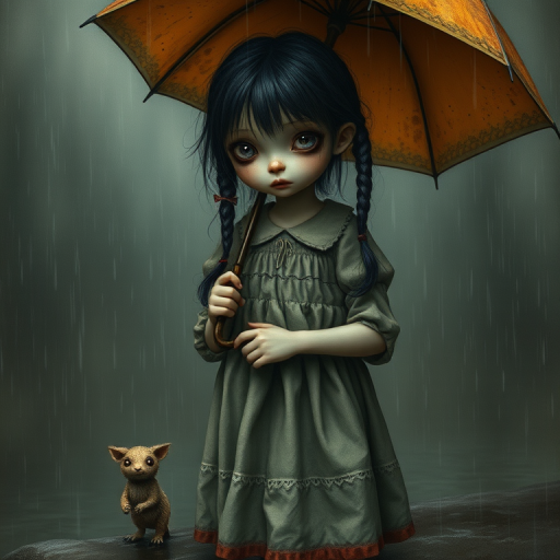 An eerie, weird little girl with dark hair in thin pigtails, wearing a smock dress, standing in the rain, holding a dirty orange umbrella, a small, odd creature beside her. In a surreal style inspired by Nicoletta Ceccoli and Brian Froud. Dark fantasy themes