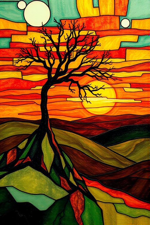 A vibrant abstract painting on Tiffany Glass, blending acrylic and alcohol ink techniques, captures a dramatic sunset over rolling hills. The artwork features a textured, rocky foreground in green and brown, layered abstract hills, and a striking sunset in rich oranges, yellows, and reds. A solitary black tree with intricate branches contrasts against the fiery sky, creating a dynamic and expressive portrayal of a breathtaking natural scene.