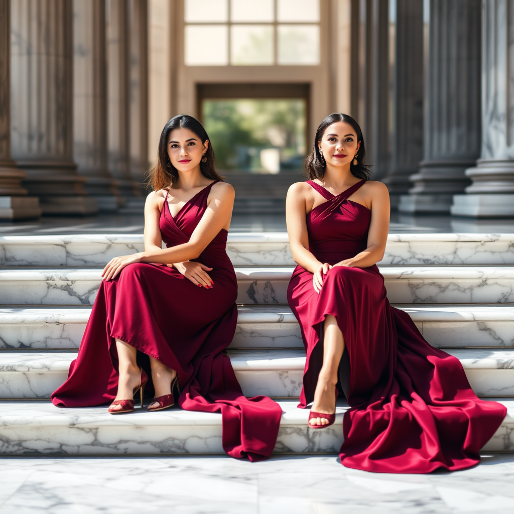 Two women in elegant burgundy dresses sitting on marble steps, bright natural lighting, shallow depth of field, 85mm f/1.8 lens, ISO 100, aperture f/1.8, soft focus background, portrait orientation, DSLR camera.