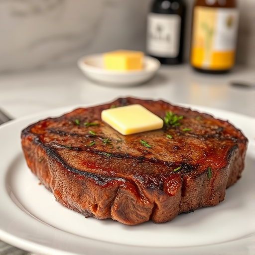 Create an image of a perfectly seared ribeye steak, resting on a white plate with a pat of melting butter on top. The steak is seasoned with fresh herbs like thyme and parsley, with glistening juices highlighting the texture of the meat. The background features a soft focus on a light, marble countertop, with a small dish of butter and an olive oil bottle in the distance. The overall mood should be warm and inviting, capturing the deliciousness and juiciness of the steak.