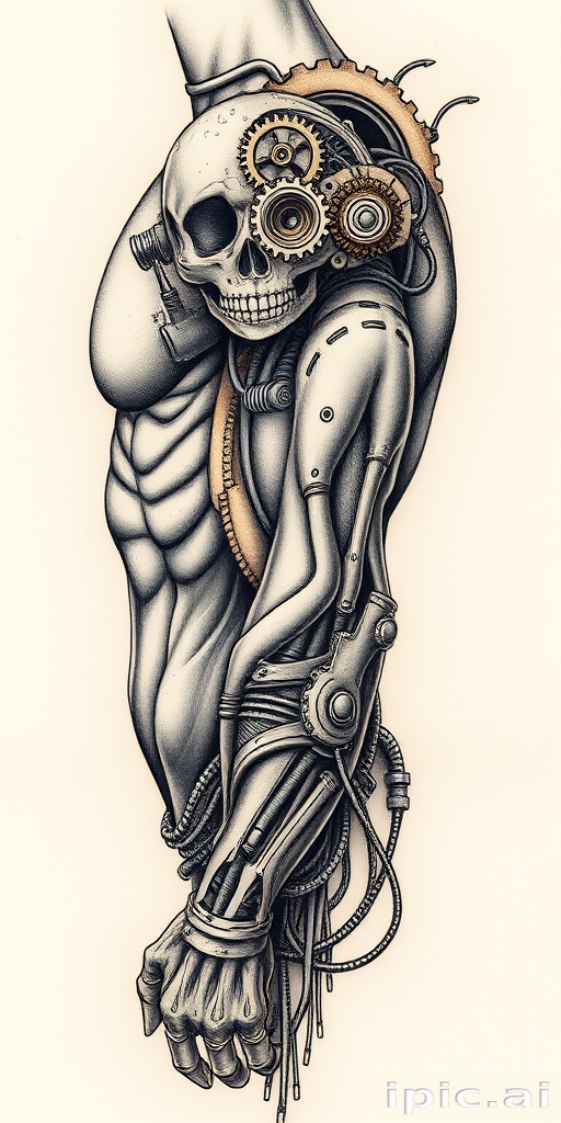 Biomechanical tattoo called "Cybernetic Fusion" depicting a seamless integration of human anatomy and mechanical components, with exposed gears, pistons, and circuitry merging with muscles and tendons in a futuristic and surreal design