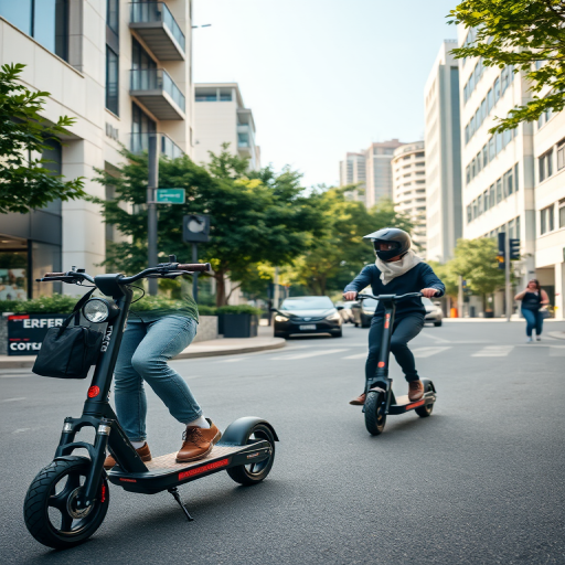 Street scene with two people riding electric scooters, showcasing urban transportation; camera settings: f/4, ISO 200, shutter speed 1/500s; camera view: wide-angle shot; camera style: natural lighting; camera type: DSLR.