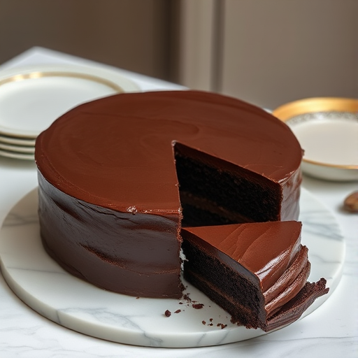 A rich chocolate cake with smooth chocolate frosting on a marble platter, a slice cut out revealing the moist interior, surrounded by elegant plates and a blurred background of soft, neutral tones.