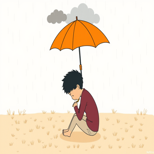 Create an illustrated scene of a person holding an orange umbrella over another person who is sitting on the ground, looking sad, set against a light, minimalistic background with gentle rain falling and a small gray cloud above, captured with a Canon EOS R5, 50mm lens, f/1.8 aperture, ISO 100, using soft natural lighting for a warm and comforting feel.