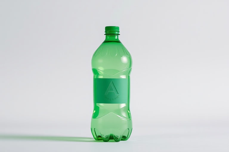 Create a high-resolution image of a green plastic water bottle on a plain background with a shallow depth of field using a DSLR camera at f/2.8, ISO 100, shutter speed 1/200, and in natural lighting to enhance clarity and detail.