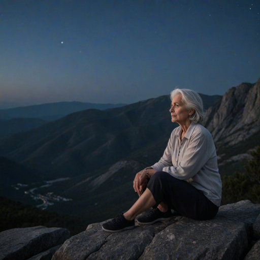 portrait of a contemplative older woman with silver hair sitting on a rocky ledge at night, full moon lighting the scene, slight breeze in the air, atmospheric mountains in the background, Canon EOS R5, 50mm f/1.2 lens, ISO 100, aperture f/2.8, shutter speed 1/125s, soft focus background for depth, twilight color grading