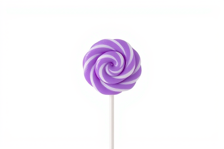 Create a high-resolution illustration of a purple lollipop on a white background, using a Canon EOS R5 with an f/2.8 aperture, ISO 100, and a 50mm lens, captured from a slightly elevated front view to enhance depth and detail.