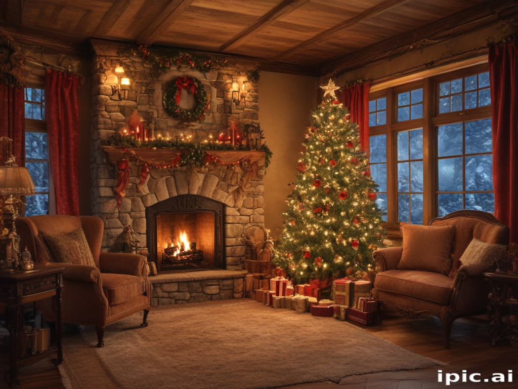 Cozy Christmas Living Room with Decorated Tree and Warm Fireplace