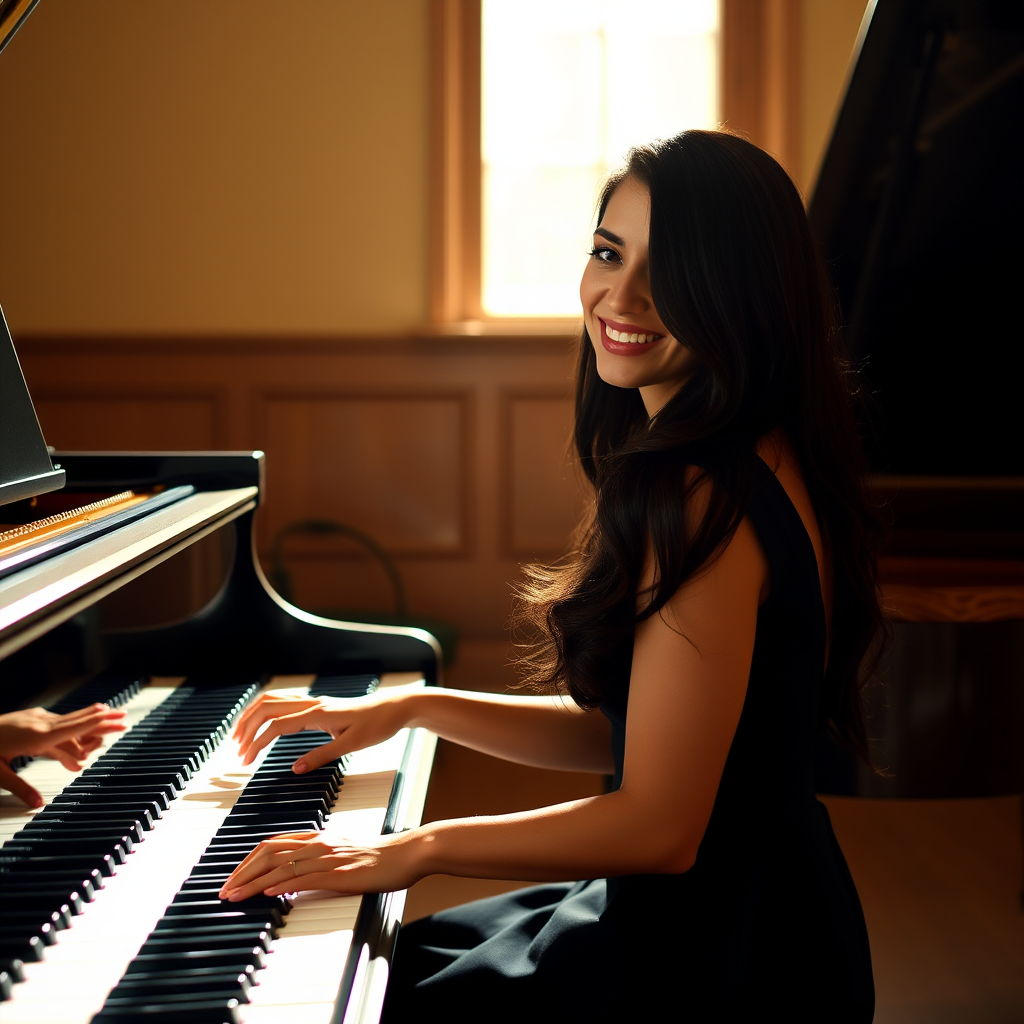 A mia khalifa with long, dark hair smiles at the viewer as she sits at a grand piano, her right hand poised over the keys. The scene is lit by warm, natural light, highlighting the elegant simplicity of the woman's black dress. The perspective is from the side, emphasizing the contrast between the woman's delicate form and the grand scale of the piano. The ivory keys and dark wood of the piano create a striking visual contrast, further emphasized by the rich black of her dress.