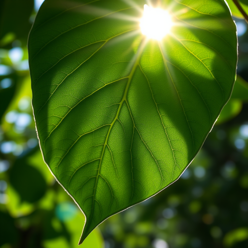 Photograph a large green leaf backlit by sunlight with a focus on its vein structure and texture, use a Canon EOS 5D Mark IV with a 50mm f/1.8 lens, aperture f/2.8, shutter speed 1/500s, ISO 100, shot from a low angle to capture natural bokeh in the background.