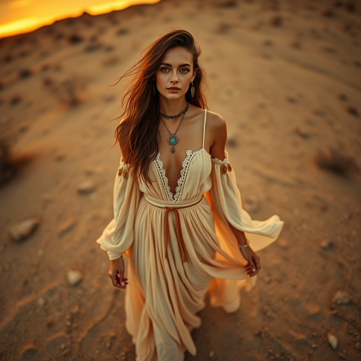 Desert setting, bohemian model, flowy dresses, earthy tones, rustic sunset effect,  equipped with a 12mm lens to capture an overhead view of the model, emphasizing symmetry and spatial positioning