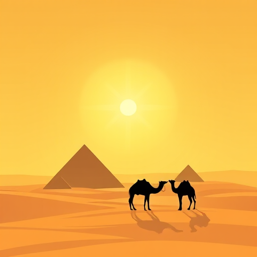 Create a vector-style illustration of a desert landscape featuring pyramids and two camels silhouetted against a soft yellow sun with rays shining down, shot with a Canon EOS R5 at f/8, ISO 100, 35mm lens, in a wide-angle view for depth and clarity.